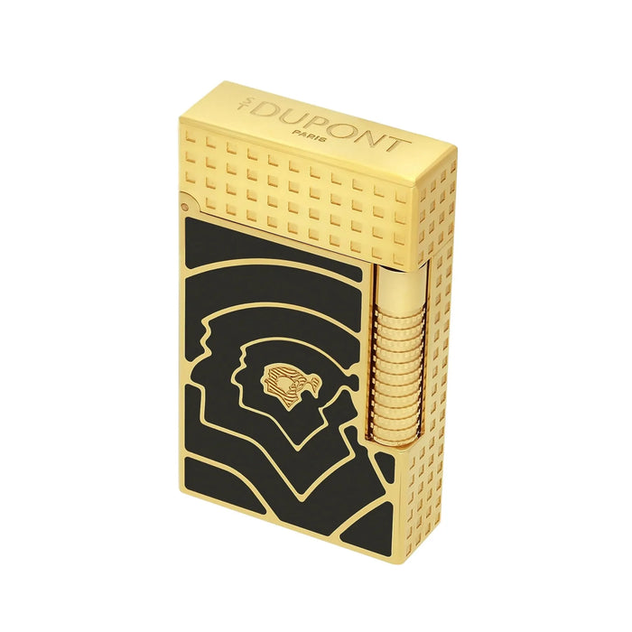 A gold-plated and black-lacquer S. T. Dupont lighter, featuring a guilloche pattern lid, and black lacquer front with the engraving of a  Native Cuban head  profile, representing the Cohiba logo, sculpted on it.