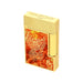 A gold-plated S. T. Dupont lighter with a guilloche-finish gold top and a lacquered front  featuring a red and orange phoenix design over a flame pattern, and the number 85 on the bottom right.