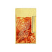 A gold S. T. Dupont lighter with a guilloche-finish gold plated top, and a front panel featuring an engraved-phoenix design over a fiery orange lacquer finish, with the number 85 on the lower right to celebrate the anniversary of the first Dupont Lighter ever made.