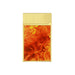 The back of a gold-plated S. T. Dupont lighter with a guilloche-finish gold  top and a vibrant flame-design lacquer in shades of orange, red, and yellow.