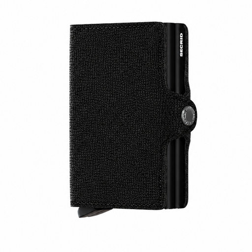 A black textured card holder wallet with a metal snap button and a visible 'SECRD' brand logo on the side.