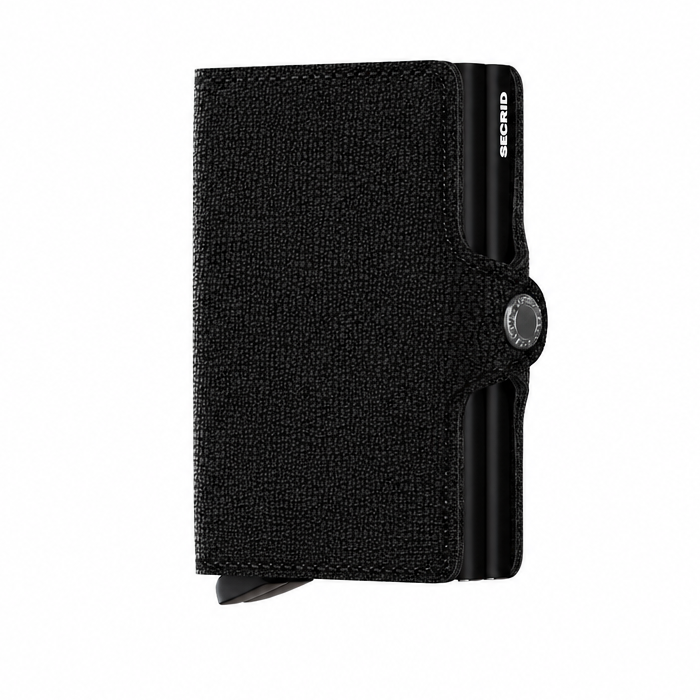 A black textured card holder wallet with a metal snap button and a visible 'SECRD' brand logo on the side.