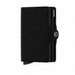 A black textured card holder wallet with a metal snap button and a visible 'SECRD' brand logo on the side.