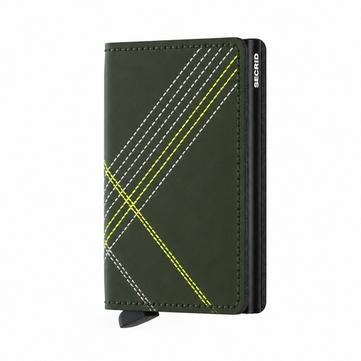 A Secrid wallet in dark olive green with a geometric plaid pattern made of white and yellow stitching.
