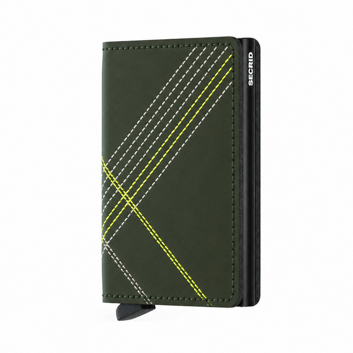 A Secrid wallet in dark olive green with a geometric plaid pattern made of white and yellow stitching.