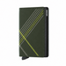 A Secrid wallet in dark olive green with a geometric plaid pattern made of white and yellow stitching.