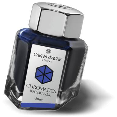 Caran d'Ache Chromatics fountain pen ink 50ml Idyllic Blue in an elegant bottle inspired by the prism. Caran d'Ache Reference No. 8011.140