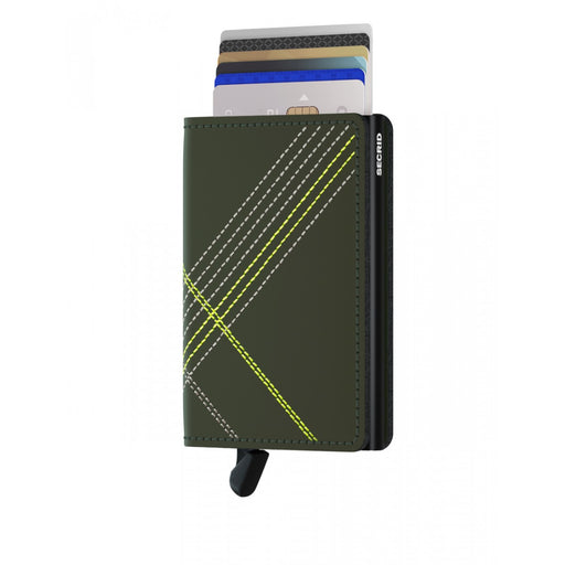 A Secrid wallet in dark-olive green leather with a geometric plaid pattern made of white and yellow stitching.